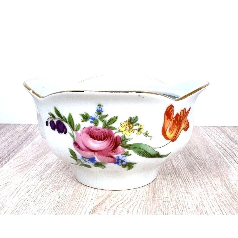 Vintage Ilmenau GDR Porcelain‎ Footed Bowl Floral Gold Trim East Germany
